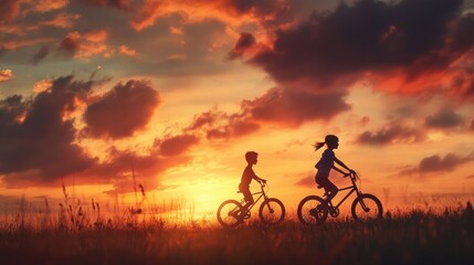 Obraz premium Mother and son exercising outdoors, with boy on bike and mom running at sunset