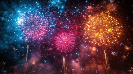 Fototapeta premium A vibrant display of fireworks explodes in the night sky, illuminating the cityscape below with colorful bursts of light.