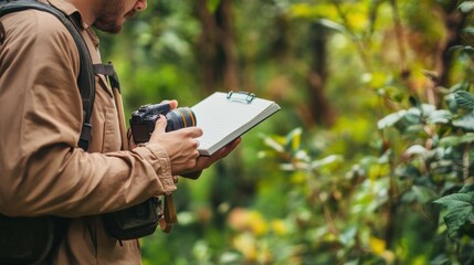 Obraz premium Biology field study, biologist observing animal behavior in the wild, camera and notebook in hand, focus on nature research, ready for stock use,