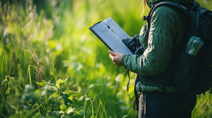 Biology field study, biologist observing animal behavior in the wild, camera and notebook in hand, focus on nature research, ready for stock use,