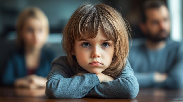 In a tense court setting, two parents engage in a heated argument over custody, while their young child sits silently in the foreground, showing distress and confusion about the situation