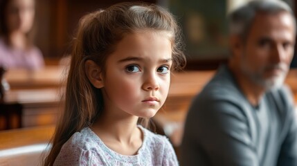 Parents are engaged in a heated argument over custody arrangements in court, while their young child watches with concern, reflecting the emotional tension of the situation