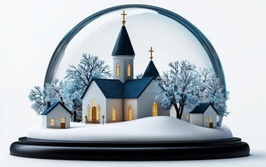 Fototapeta premium Snow globe with church in snowy village, white background, soft glow, watercolor style, cartoon art