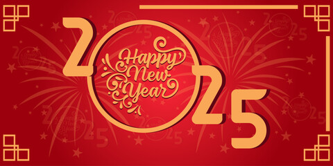 2025 golden on New Year red background with fireworks. Celebration New Year's Eve. Golden fireworks on dark night sky