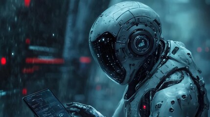 A sleek robot utilizes a portable device to gather information in a vibrant, technology-driven city at night, illuminated by digital displays and neon lights