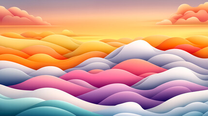 Fototapeta premium A colorful ocean with mountains in the background. The sky is orange and pink. The waves are very tall and the colors are very bright