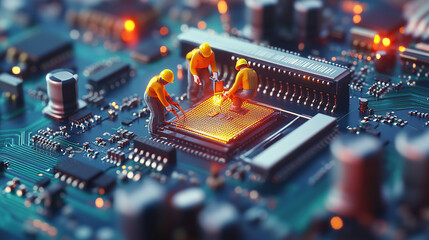 Tilt-shift photograph of tiny construction workers working on a circuit board, close-up, with a bokeh effect, 3D render