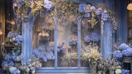 Romantic blue flower shop window with arched detailing