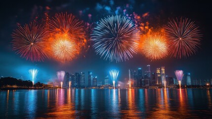 Fototapeta premium A stunning fireworks display explodes over a cityscape, illuminating the night sky with bright colors and reflecting in the calm waters of a river.
