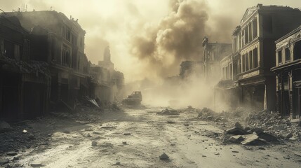 Fototapeta premium Devastation Aftermath, ruins of collapsed buildings, dust and debris blanket the ground, aftermath of a catastrophic earthquake