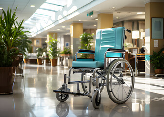 Empty blue wheelchair It was parked in hospital corridor and sunlight streamed through window in morning. Patient transport equipment. For sending sick people to hospitals or wheelchair for disabled.	