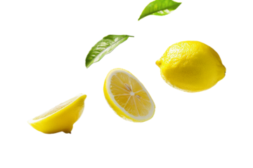 Whole lemons and sliced that bright yellow flesh and glossy rind floating in the air isolated on background, Sour fruit with high vitamin c.