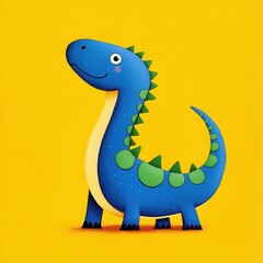 Naklejka premium Cute blue dinosaur with green spots, smiling on a bright yellow background.
