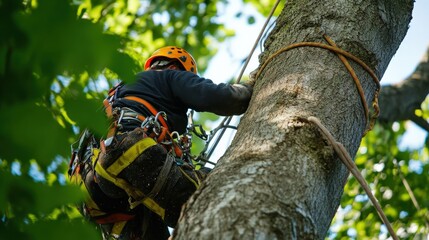 A tree surgeon is climbing a large tree in a residential area, using a harness and tools to perform essential maintenance and trimming work safely
