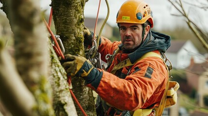 A tree surgeon is using climbing equipment to perform essential maintenance on a tree in a residential area during autumn. The worker is focused and equipped for safety