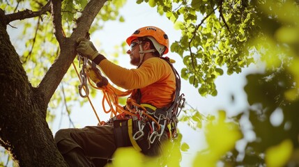 A dedicated tree surgeon worker is scaling a tree, equipped with climbing gear and ropes, ensuring safe utility line management in sunny weather