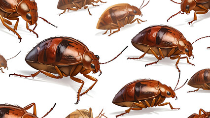 A detailed close-up of bed bugs showing their anatomy and texture, isolated on a plain white background for clarity.
