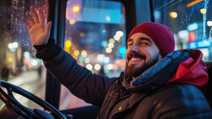 Fototapeta premium Cheerful bus driver waving at pedestrians from inside the bus, happy and energetic, promoting friendly public transportation, suitable for stock photography,