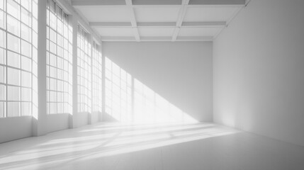 Obraz premium Loft style large unoccupied space with large windows filled with natural light. timber floor in a white interior, Bright and airy farmhouse style interior design with large windows exposed wooden