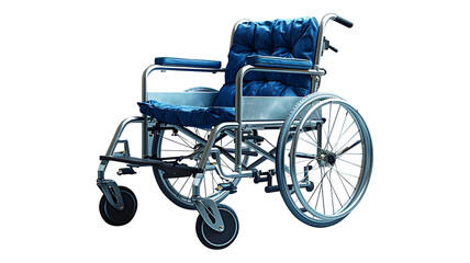 Fototapeta premium Empty dark blue wheelchair of hospital isolated on cut out PNG or transparent background. Medical equipment for disabled or those people cannot walk. Sending sick people to hospitals.