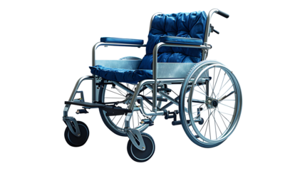 Empty dark blue wheelchair of hospital isolated on cut out PNG or transparent background. Medical equipment for disabled or those people cannot walk. Sending sick people to hospitals.