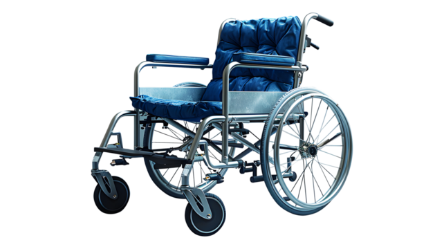 Empty dark blue wheelchair of hospital isolated on cut out PNG or transparent background. Medical equipment for disabled or those people cannot walk. Sending sick people to hospitals.