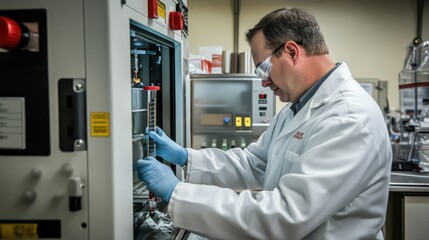 Fototapeta premium Climate change mitigation, scientist conducting research in a lab, focus on finding sustainable solutions, high-tech lab equipment visible, perfect for stock photography,