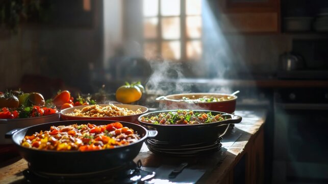 Vibrant Traditional Meals in Rustic Kitchen Setting - Powered by Adobe