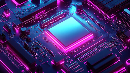Obraz premium Close-up of a glowing microchip on a circuit board, with a chip in the middle
