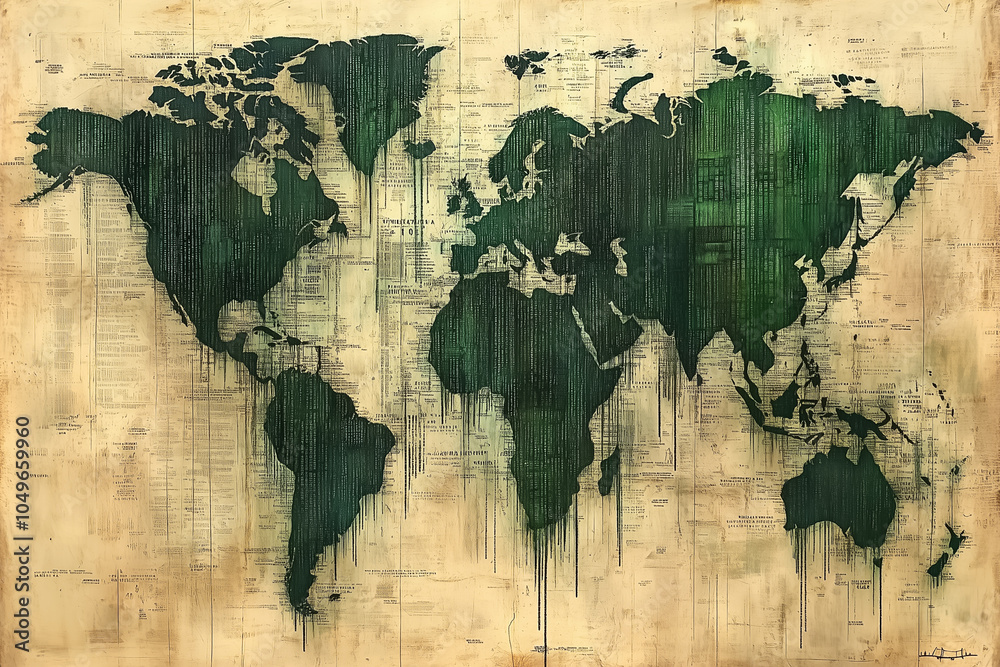 Poster the artwork displays a world map formed with intricate binary code patterns and a rich green color p