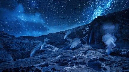Naklejka premium A breathtaking shot of a remote volcanic plateau with active geysers and a rare, deep blue meteor shower streaking across the night sky, Volcanic plateau scene