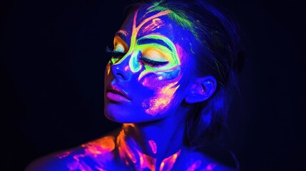 A vibrant portrayal of a woman's face illuminated with colorful UV body paint.