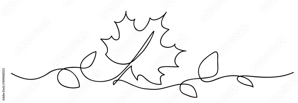 Fototapete One line drawing. Abstract decorative horizontal border element with maple leaf. Beautiful hand drawn leaf on white background. Hand drawn sketch. Border design elements. Vector illustration.