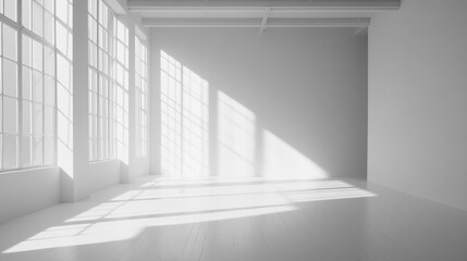 Obraz premium White room empty studio copy space background, big white room with big windows, Interior design perspective wide shot. large clean apartment. 