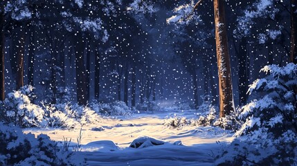 A serene winter forest scene with falling snow, illuminated by soft light, creating a tranquil and picturesque atmosphere.