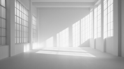 Obraz premium Minimalistic White Studio Room for Abstract Art, A Long Hallway With Abundant Windows and White Walls.