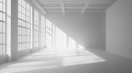 Fototapeta premium Minimalistic White Studio Room for Abstract Art, A Long Hallway With Abundant Windows and White Walls.