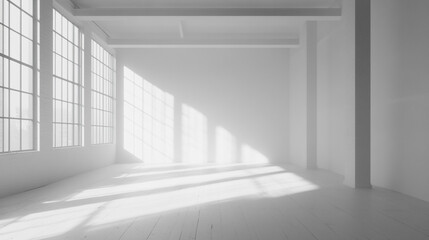 Obraz premium Empty Interior Room with White Background 3D Render Illustration, White open space office interior with blank wall.