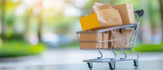 A filled shopping cart with cardboard boxes parked on a sunny pathway, symbolizing retail and consumerism.