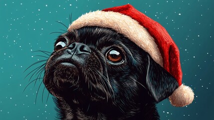 A black pug wearing a red Christmas hat, surrounded by a snowy background, exuding a festive and whimsical holiday spirit.