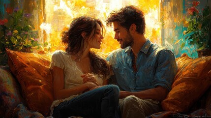 Obraz premium A Caucasian couple sharing an intimate moment, seated together on a cozy sofa in a sunlit room filled with plants, expressing love and affection.