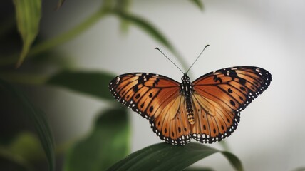 Obraz premium Monarch butterfly with orange and black wings perched on green leaf, macro focus
