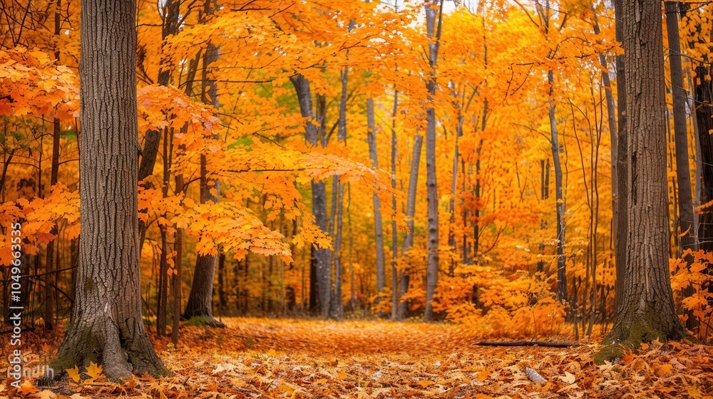 Aufkleber a tranquil forest path invites visitors with trees adorned in bright, golden autumn leaves under a c