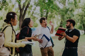 A group of multicultural students enthusiastically collaborating on school tasks outdoors in a...