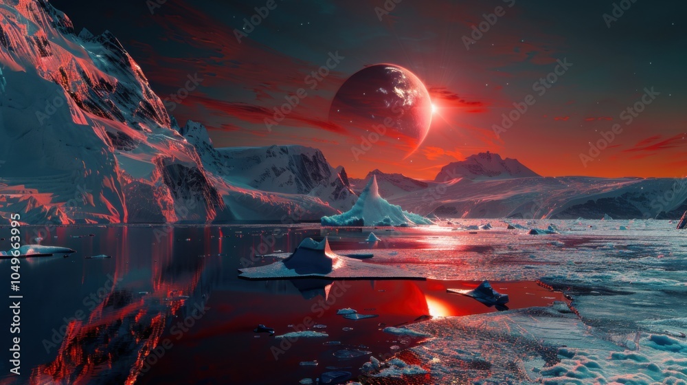 Poster a breathtaking view of a remote glacier fjord with massive, reflective icebergs and a rare, vivid so