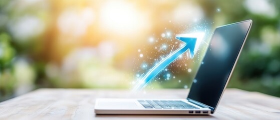 A modern laptop displaying a glowing arrow symbolizing growth, innovation, and technology in a bright, outdoor setting.