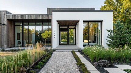Fototapeta premium Modern Home Entrance with Gravel Path and Lush Greenery