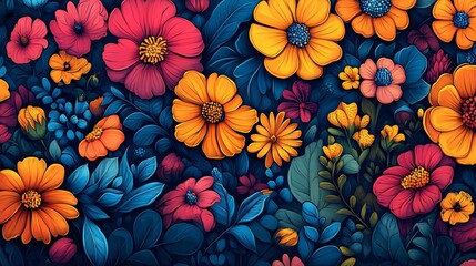 Fototapeta premium A vibrant floral pattern featuring colorful flowers amidst lush green leaves, creating a lively and artistic nature display.