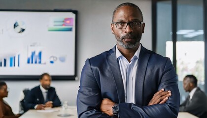 Fototapeta premium 洗練されたカジュアルスーツを着た黒人男性が会議室で示す決断力、背景にビジネス機器が揃う