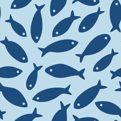 Seamless pattern with abstract decorative fish silhouette on blue background. Vector stock illustration.	